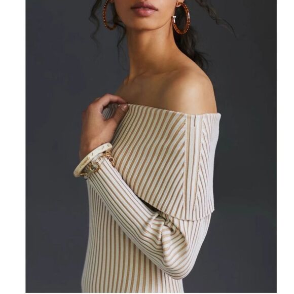 By Anthropologie Striped Cream Knit Dress Size M - Picture 3 of 10